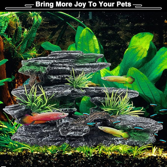 Aquarium Mountain View Stone Ornament Tree Rock Cave Aquarium Decorations for Fish Tank Decorations for Small Fish Tank - 7.5 Inches Long