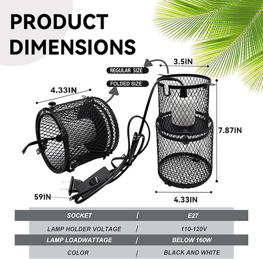 kathson Retractable Reptile Heat Lamp Guard,Reptile Anti-Scald Mesh Cage Protection Lampshades with Thermometers,Ceramic Heat Emitter Lamp Fixture Holder for Snake Lizard Turtle Frog,Without Bulb