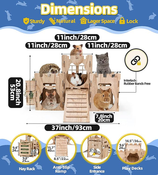 Larger Bunny Castle Sturdy Walnut Color Wooden Rabbit Hideout for Bunnies Guniea Pigs Ferrets Chinchillas Hamsters LXUS (Castle Ramp Feeder)