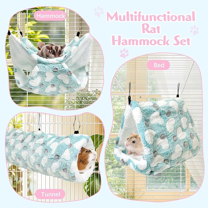 PINVNBY 3 PCS Ferret Rat Hammock Set Hanging Guinea Pig Hideout Bed Small Animals Tunnel Toy Ferret Cage Accessories for Hamster Squirrel Sugar Glider Chinchilla (Green)