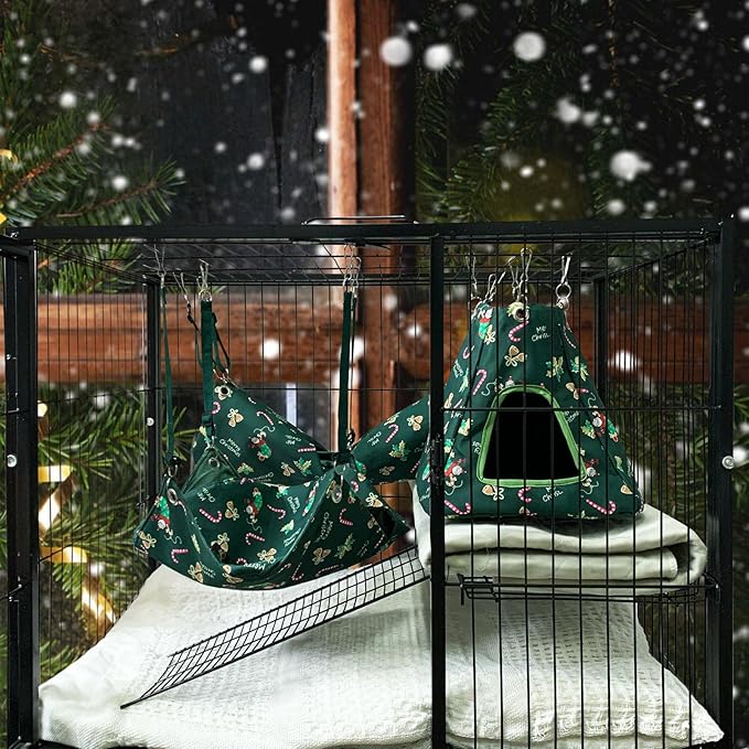 Ferret Rat Critter Nation Cage Accessories,Ferret Rat Hammock Set Hanging Bed Tent Tunnel for Any Small Animal Bedding (Christmas Green)