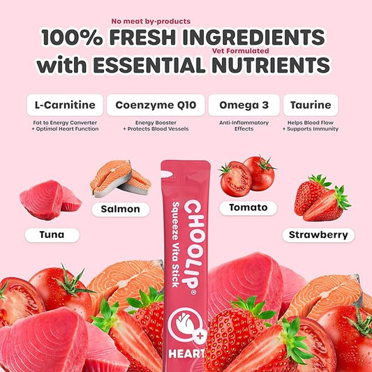 Choolip Squeeze Vita Stick Heart Support Cat and Dog Treats – 49-Count Salmon & Tuna Sticks with CoQ10, Taurine and L-Carnitine – Box with 7 Pouches, Vet-Formulated for Heart Health