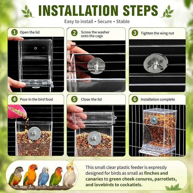 Rypet No Mess Automatic Bird Feeder Transparent Food Container Cage Acrylic Parrot Feeder Accessories for Small Birds Parrot Cockatoo Canary