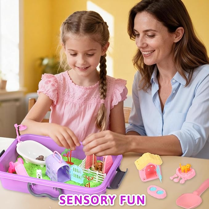 Carolart Pet Sensory bin,Dog and Cat Sandbox for Kids,Kids Play Sand Kit,Pet Play Set with Sensory Sand,Pet Care Play Set,Role Pretend Play Beach Toy Birthday Gift for Girls Boys 3 4 5 6 Years Old