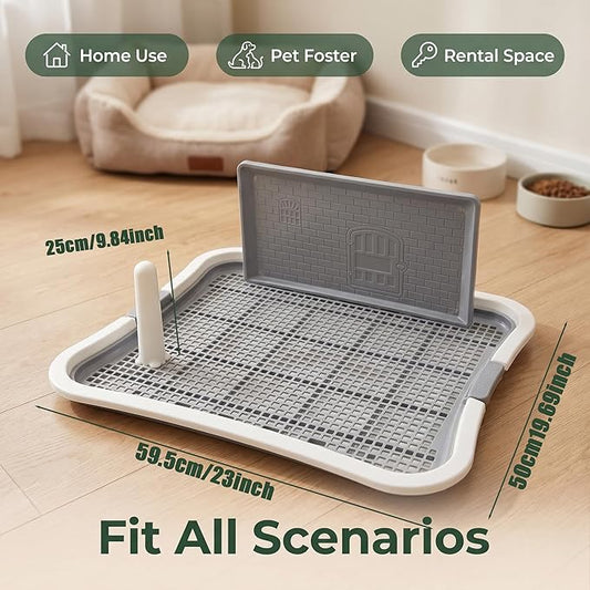 Dog Pee Pad Holder, Indoor Dog Potty Tray with Splash Guard & Center Post, Potty for Small Dogs, Waterproof and Easy to Disassembly and Cleaning Dog Toilet, 23.62"X19.69" (White)