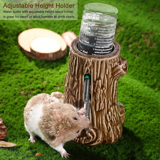 Hamster Water Bottle for Glass Tank, 3-in-1 Adjustable 80ML Gerbil Water Bottle with Stand Holder, Chew Proof Ceramic Water Dispenser for Dwarf Syrian Hamster Mice Rat