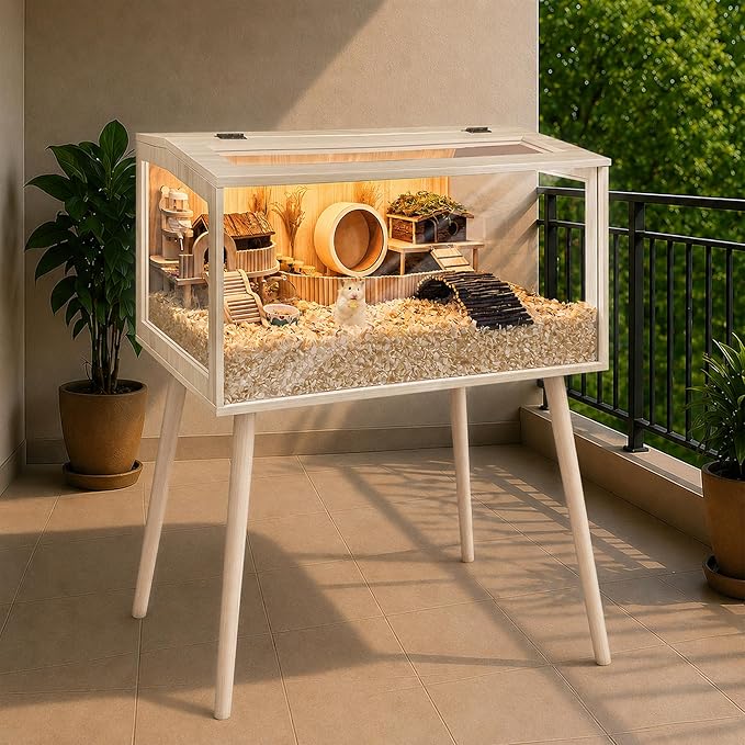 PROLEE Hamster Cage Wooden Chew Proof, Extra Large Mice and Rat Habitat Openable Top with Acrylic Sheets Solid Built Small Animal Cage with Leg Stands, 40 Inch Long
