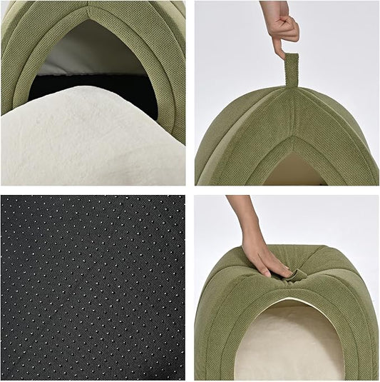 Amazon Basics Cat Cave Bed, 2-in-1 Foldable House for Indoor Cats, with Washable Cushion and Non-Slip Base, 17.5 x 17.5 Inches, Large, Green