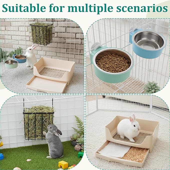 Leinuosen 4 Pcs 4 in 1 Rabbit Hay Feeder with Litter Box 2 Hanging Bowl,Rabbit Litter Box Metal Hay Rack Bunny Guinea Pig Hays Holder Bunny Bedding Toilet for Guinea Pig Chinchilla Other Small Animal