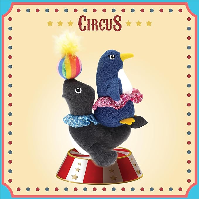 Jumpaws 2 Pack Interactive Catnip and Feather Cat Toys, Circus Penguin and Seal Catnip Toys, Accessories for Indoor Cat, Catnip Plush Toys with Natural Feathers and Rattles