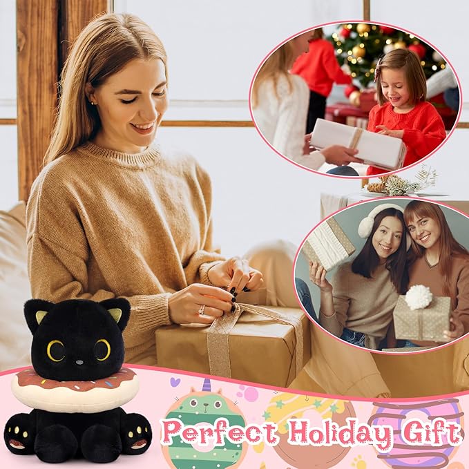 Black Cat Plush, 8inch Donut Black Cat Stuffed Animal Cute Plushies Toys for Girls Boys, Kawaii Kitten Plushie for Kids Adult, Birthday