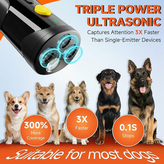 Dog Bark Deterrent Device, 3X Ultrasonic Anti Barking Device 6 Modes Dog Trainer Rechargeable & Portable Safe Bark Control Indoor Outdoor for All Dogs with LED Flashlight - Yellow Button