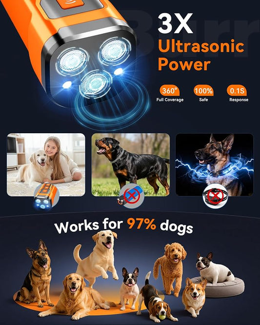 Dog Bark Deterrent Devices, 3X Ultrasonic Anti Barking Device for Dogs, 6 Modes Stop Neighbors Dog Barks No More Bark Control | 33 FT Range Indoors Outdoors with Flashlight, Safe & Humane Behavior Correct Training Device Compatible with Dog Fence