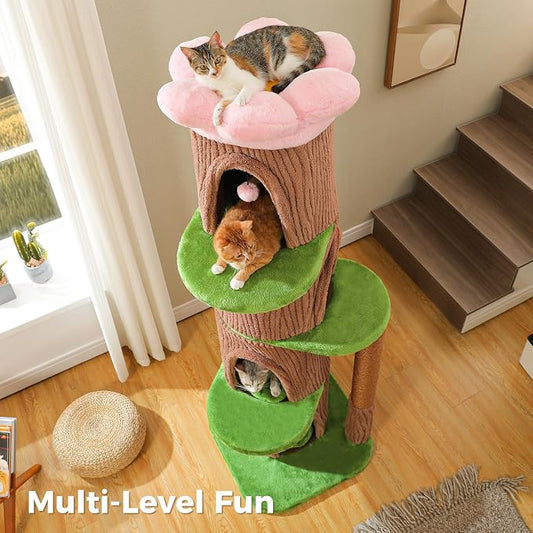 MUTTROS Forest Cat Tree with Flower Condos, Cute Tall Cat Tower with Scratching Posts & Padded Perch, Multi-Level Kitty Activity Center for Indoor Cats, Indoor Jungle Gym Furniture