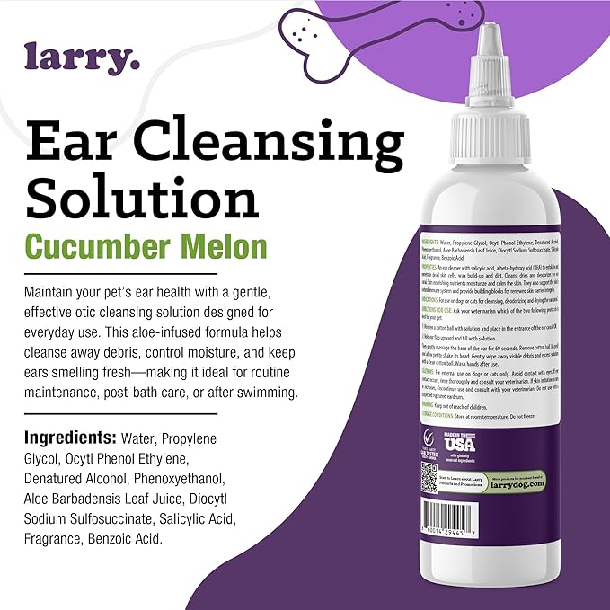 Larry Dog Ear Cleaner Solution & Cat Ear Cleaner for Dogs and Cats - Vet-Recommended Gentle Wash for Pet Ears -Cleans, Dries & Deodorizes - Cucumber Melon - 8 fl oz