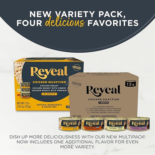 Reveal Natural Wet Canned Cat Food, 4-Flavor Variety Pack, Limited Ingredient, Grain Free, High Protein with No Artificial Additives, Chicken Variety in Broth (12 x 2.47 oz Cans)