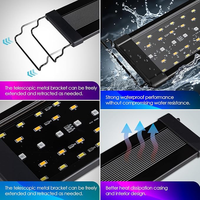 14W Smart Bluetooth App-Controlled Aquarium Light - Customizable Light Colors,Timeable,24/7 User-Defined Sunrise/Sunset Simulation,Tropical Lighting Mode,Suitable for 12-18" Fish Tanks