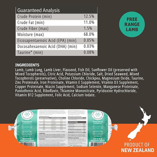 New Zealand Lamb Frozen Fresh Dog Food, 91% Grass-Fed Free-Range Meat, High-Protein, Gently Cooked, Grain-Free, Omega-3s, 8 Rolls (12 lb Case)