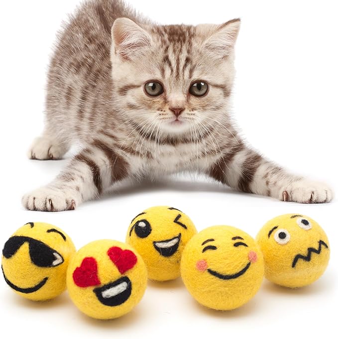 Glaciart One Wool Emoji Ball Cat Toy β 5 Pcs with Catnip - Soft Fuzzy Enrichment 100% Natural Felt Cat Toy - Interactive Play Set - Safe for Pets, Non-AZO Colored Dyes β 1.5β