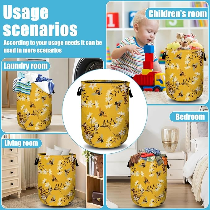 Bee Flower Laundry Basket, Spring Floral Laundry Hamper Collapsible Oxford Cloth with Handle Clothes Storage Bin for Bathroom Laundry Room Bedroom 15.7 X 20 Inch