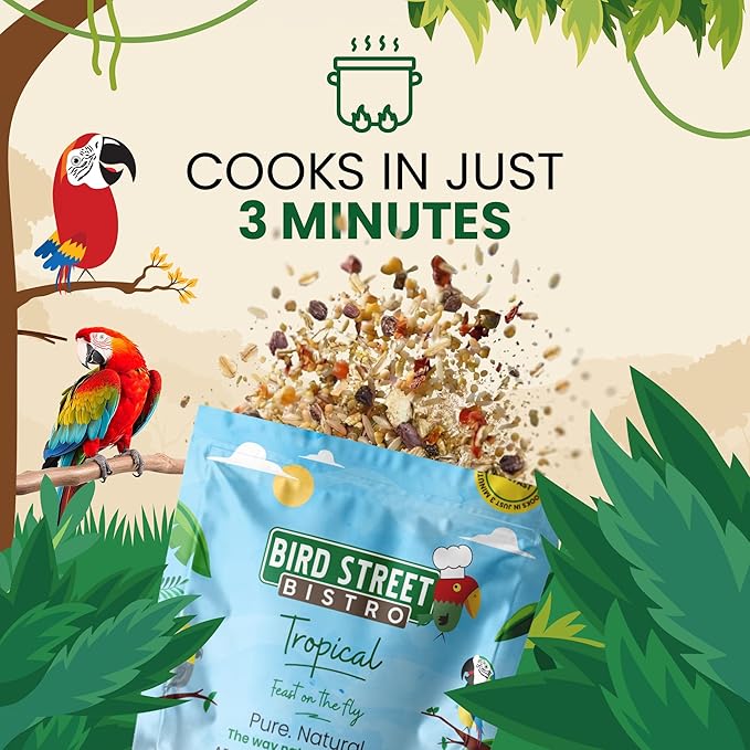 Bird Street Bistro Parrot Food for Parakeets & Cockatiels - Tropical - 18 oz - Cooks in 3-15 min, Natural Wholesome Grains, Fruits & Vegetables - USA Made