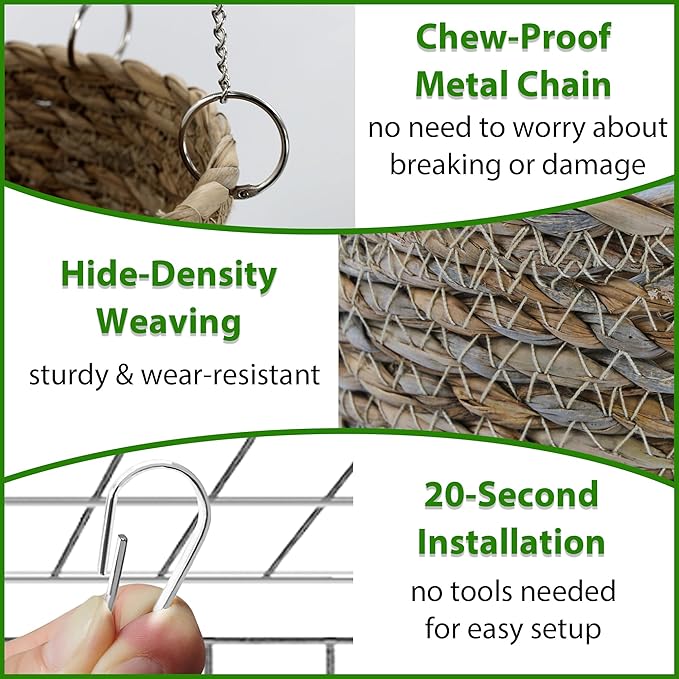 2Pcs Rat Enrichment Toys & Natural Grass Rat Hammock, Stainless Steel Foraging Holder and Chew Proof Bowl-Shaped Bed for 1-2 Rats Mice Parakeet