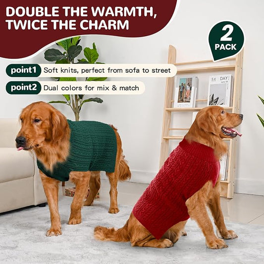 Dog Sweater 2 Pack for Large Dogs, Size XL, Red & Green | Stretchy cable knit turtleneck, machine washable, high belly cut, comfy winter fit for English Bulldog, Boxer