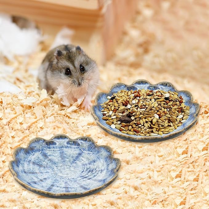 BNOSDM Shallow Ceramic Hamster Food Dish 2 Pcs Small Animals Food Bowl Sunflower Feeding Dishes for Gerbils Mice Rats 4.5in (Dark Blue)