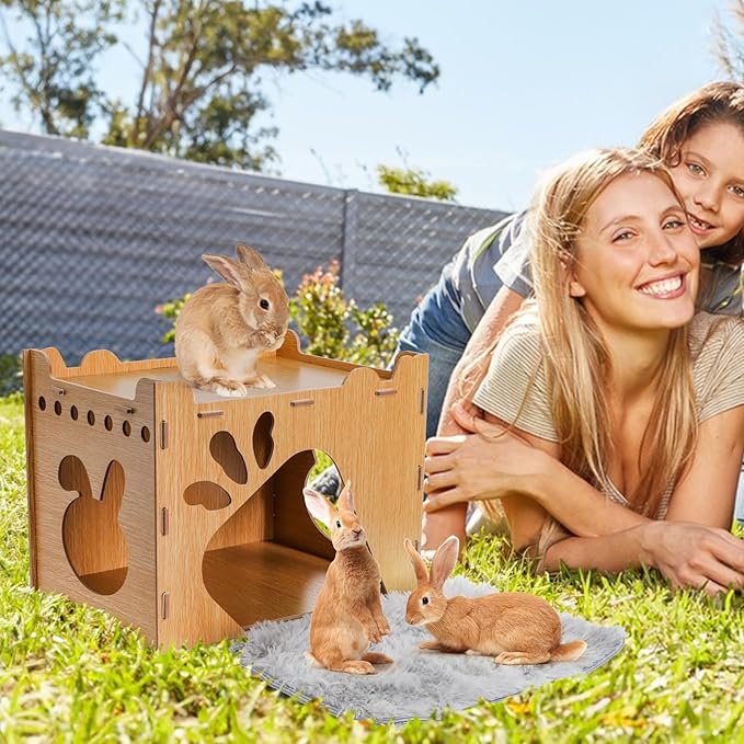 Yesland Rabbit Hideout Castle, Large Wooden Bunny Houses and Hideouts with Pet Pad, Detachable Small Animal Play Hideaway Hut and Playhouse for Indoor Bunnies Guinea Pig Hamster Chinchilla Gerbi