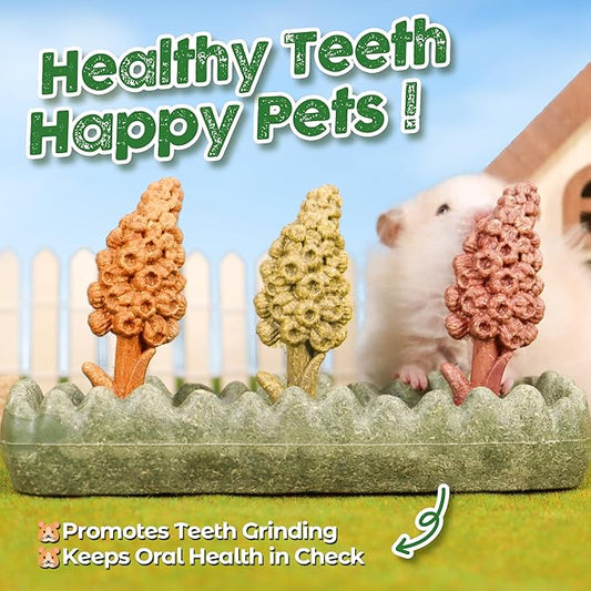 TEEWY 4PCS Guinea Pig Chew Toys, Prevent Teeth Overgrowth, Natural Timothy Grass & Vegetables, Hamster Toys, Guinea Pig Toys, Chinchilla Toys, Grass Patch & Hyacinth