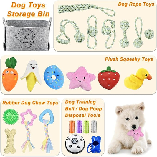 LECHONG 24 Pack Puppy Chew Toys, Dog Teething Toys with Storage Bin, Dog Rope Toys and Squeaky Toys for Boredom, Interactive Dog Toys for Small & Medium Breeds