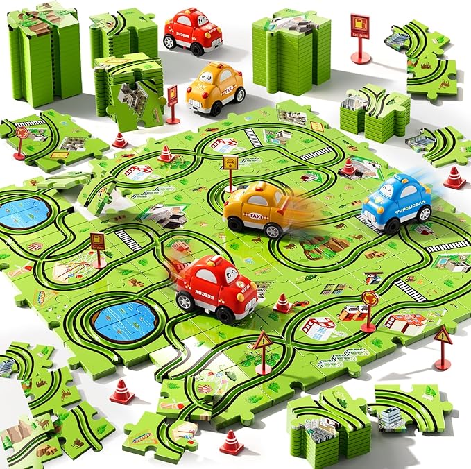 Beby Buty 64PCS Puzzle Track Car Set Toys for Kids Boys, Toddler Toys Gifts for 3 4 5 Year Old, Floor Puzzle Tracks Car for Boys Ages 3-5 4-6, for 3 4 5 6 Year Old