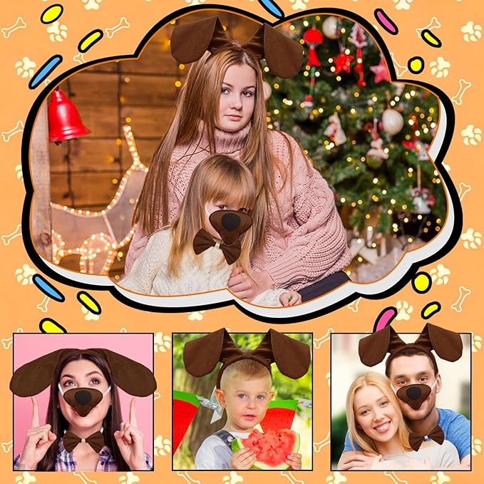 5Pcs Puppy Dog Costume Accessories Set,Dogs Long Ear Headband Nose Tail Gloves Bow Tie for Halloween Cosplay Prop Supplies Decor
