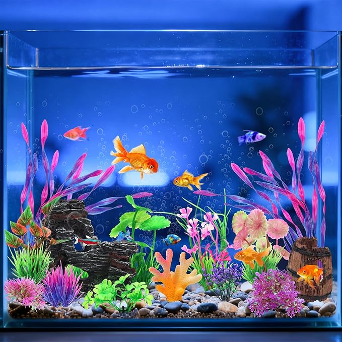 QUOZUO 15 Pcs Aquarium Artificial Plastic Plants Decorations and Resin Barrel and Coral Rock Cave Set, Fish Tank Accessories Hideout Ornaments Aquarium Decor Set