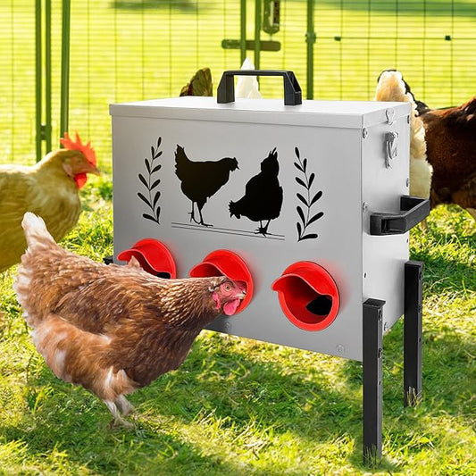 No Waste Automatic Chicken Feeder (30 LB), Rodent Resistant Metal Poultry Feeder with Locking Lid, Adjustable Stand & 8 Ports, Heavy Duty Weatherproof Feed Box for Hens, Ducks