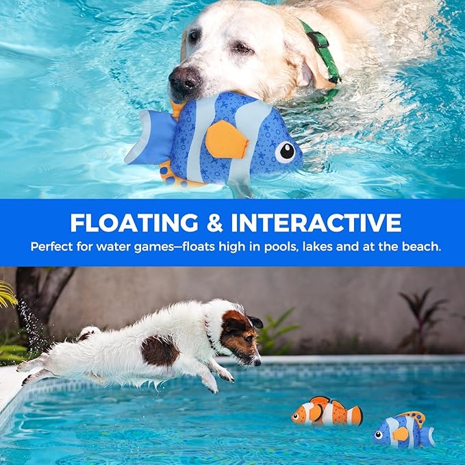 BINGPET Floating Dog Toys, 2 Pack Durable Squeaky Fish Water Toy for Pool Beach Outdoor Interactive Fetch, Oxford Fabric Summer Swimming Pool Toys for Small Medium Large Dogs