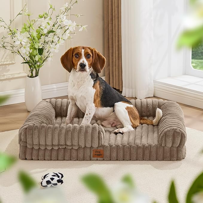 ChiXnuggle Orthopedic Dog Bed with Bolster Sides for Sleeping, Fluffy Plush Rectangular Dog Bed Large Sized Dog, Luxury Striped Faux Fur Waterproof Dog Couch with Removable Washable Cover, Taupe