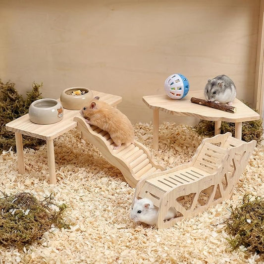 4 Pcs Hamster Platform Wooden Tunnel Ladder Hidden Play House Hamster Game Climbing Toy with Platform, Decor Toy cage Accessories for Dwarf Syrian Mice Degus Gerbils Squirrel and Other Small Pets