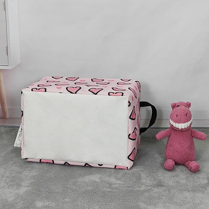 Storage Bins, Nursery Hamper Canvas Laundry Basket Foldable with Waterproof PE Coating Large Storage Baskets for Kids Boys and Girls, Office, Bedroom, Clothes,Toys(Rec-Pink Love )