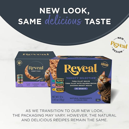 Reveal Natural Wet Canned Cat Food, Limited and Natural Ingredients, Grain Free, High Protein with No Artificial Additives, Fish and Chicken Variety in Gravy, (12 x 2.47 oz Cans)