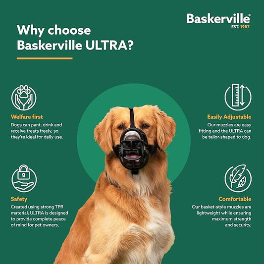 Baskerville ULTRA Muzzle - Patented Humane Design, Breathable, Dog can Pant and Drink, Adjustable, Padded, Dog Training Muzzle for Small Dogs, Prevents Biting, Wildlife Scavenging (Size 1, Black)