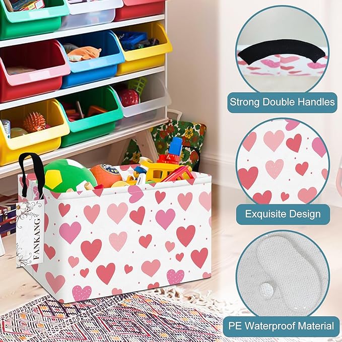 Storage Bins,Nursery Hamper Canvas Laundry Basket Foldable with Waterproof PE Coating Storage Baskets for Boys and Girls, Office, Bedroom, Clothes,Toys(Rec-Colorful hearts )