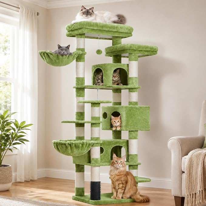 Hey-brother Cat Tree, 74 inches Multi-Level XL Large Cat Tower for Indoor Cats with Three Cat Condos, Two Large Top Decks and Cat Hairbrushfor Kittens, Cats and Pets, Green MPJ035-MGR