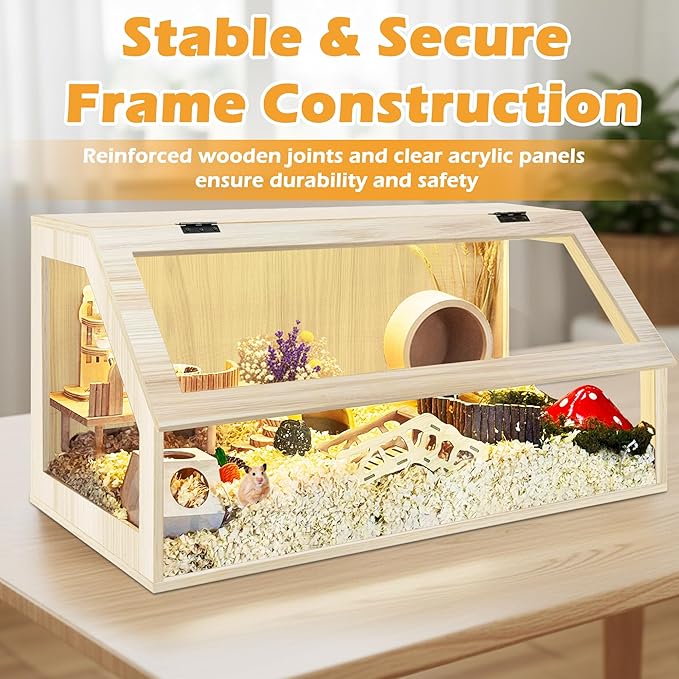 PROLEE Hamster Cage Chewproof, 40" x 20" x 20" Sloped Mice and Rat Habitat with Clear View, Solid Built with Lockable Design and Openable Top (Oak)