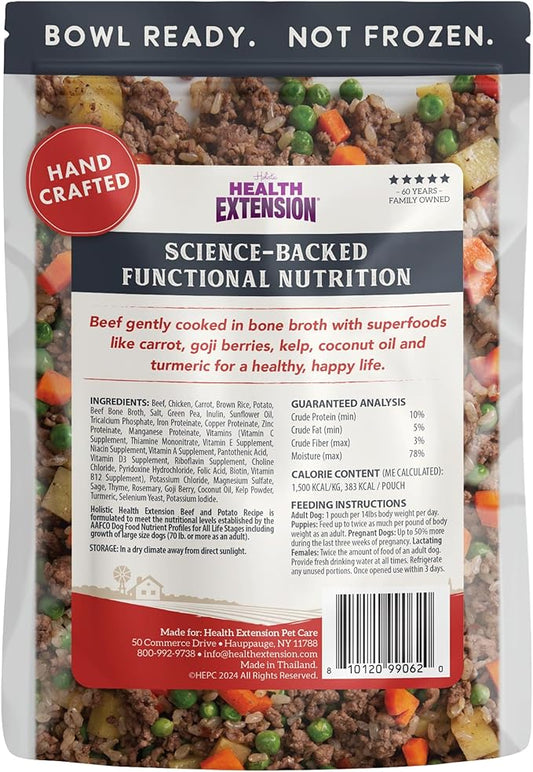 Health Extension Gently Cooked Beef & Potato Dog Food, Human-Grade & Shelf-Stable with Superfoods, Supports Digestion, Immunity, Skin & Coat, 3 oz Pouch (Pack of 20)