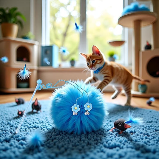 Cat Feather Stick Wand Toy,Cat Toys Teaser Wand with Feather Refills with Bell for Indoor Cats, Cat Toy Wand for Indoor and Kitten(Blue)