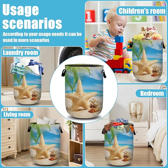 Starfish Seashell Laundry Basket, Ocean Sea Beach Laundry Hamper Collapsible Oxford Cloth with Handle Clothes Storage Bin for Bathroom Laundry Room Bedroom 15.7 X 20 Inch
