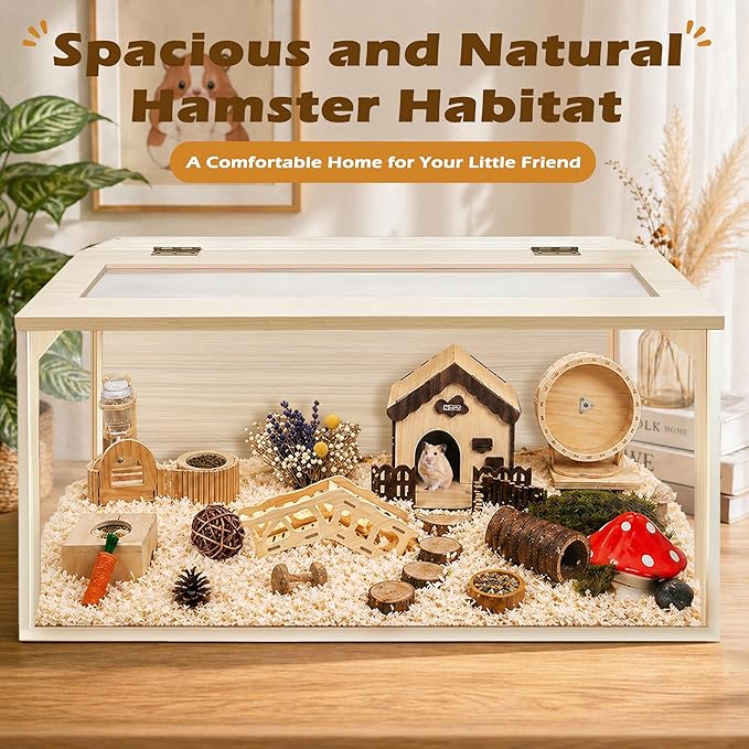 PROLEE Hamster Cage with Chewproof Wood Top, Guinea Pig Cages, Hamster Habitat with Clear Acrylic Sheets Solid Built, Small Animal Cage (Oak, 40X19.5X19.5 inch)