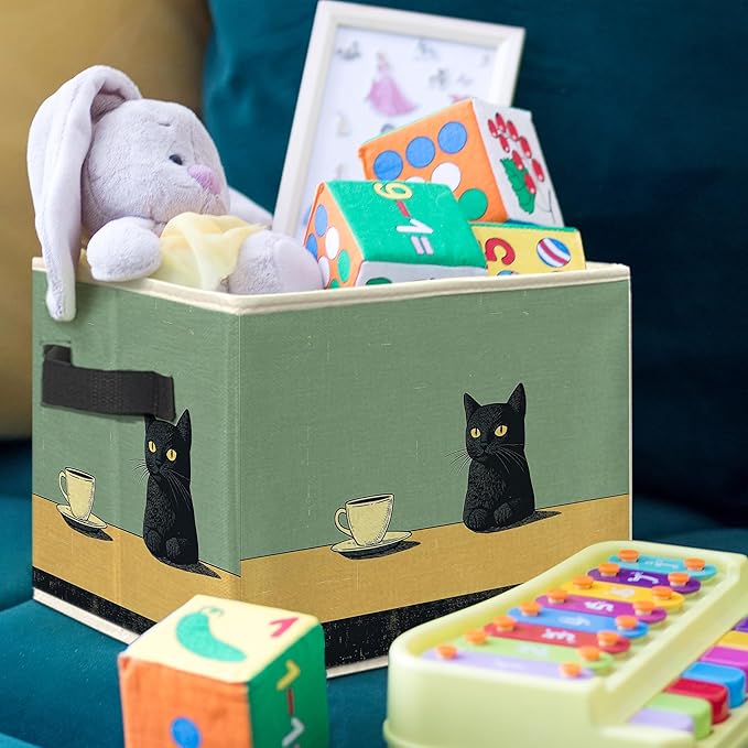 Retro Black Cat Drink Coffee Storage Bin Box, Cat Lover Mom Lady Grandma Gifts Collapsible Storage Basket Organizer for Bedroom Bathroom Home Clothes Toys Books, Toybox for Girls