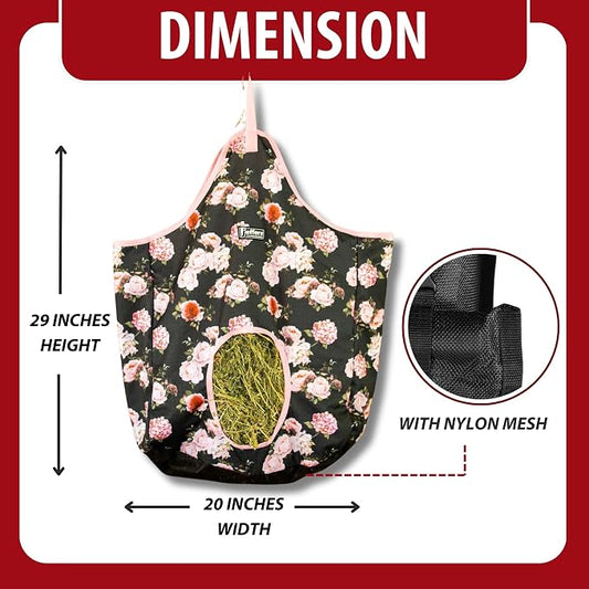 Jeffers Expression Top Loading Hay Bag for Horses & Livestock – Durable 600 Denier Hanging Hay Feeder, Water Resistant with Mesh Bottom, Easy Hanging Snap for Stall, Trailer, Travel - Rose Garden
